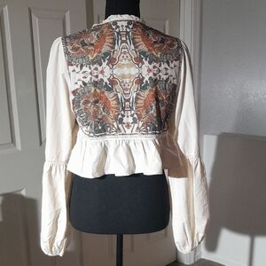 Boho Embroidered Peplum Long-Sleeve Top - Cream with Rust Print NWOT